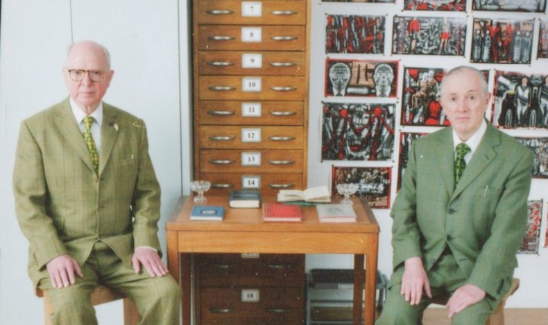 Gilbert & George photographed in their Fournier Street studio in London, June 2014 (detail)