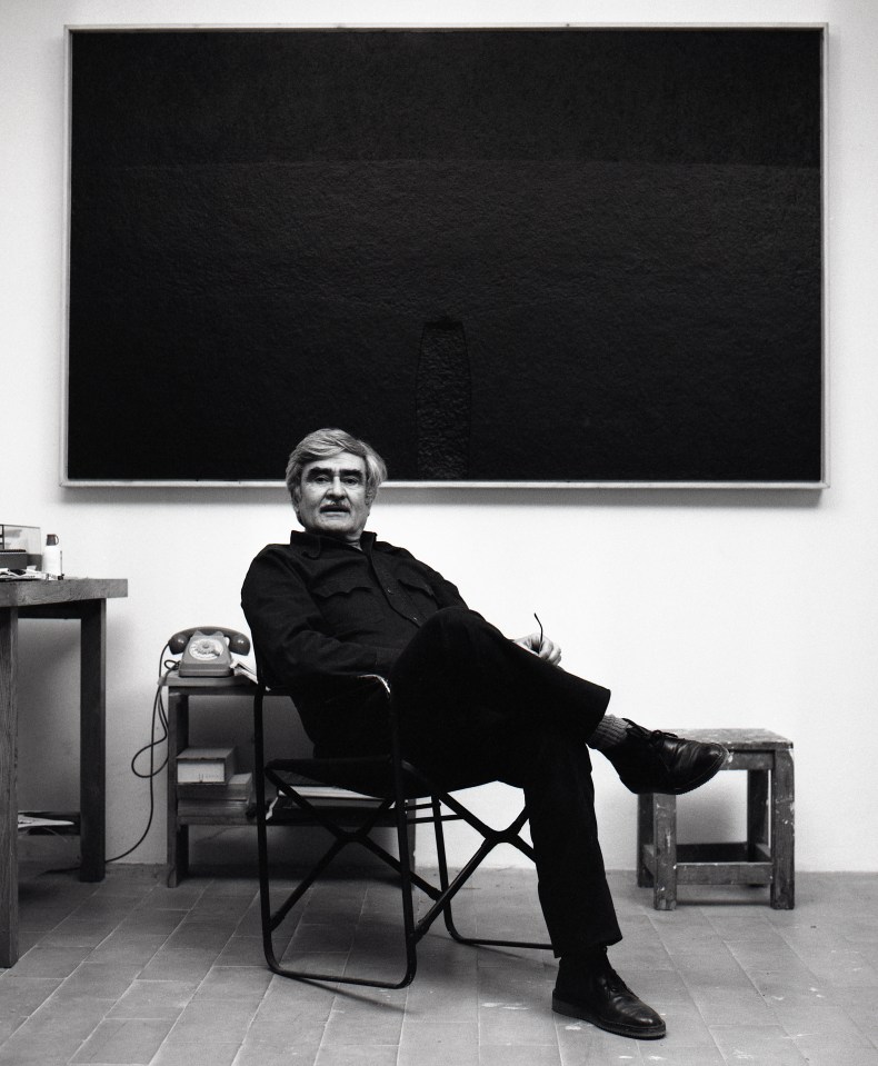 Alberto Burri in his studio in Case Nove di Morra, Città di Castello, Italy, 1982