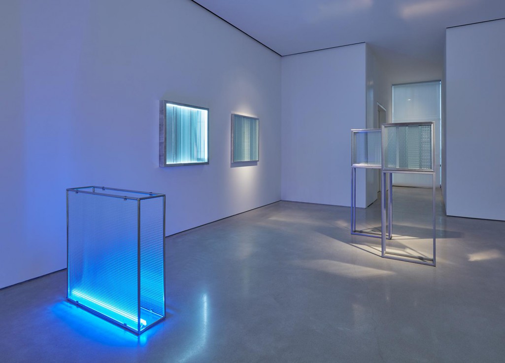 Installation view of Nando Vigo's Diaframma (foreground) and various 1960s Cronotopi 