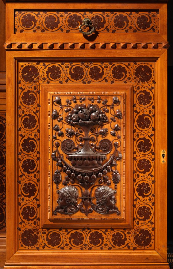 Detail of a full-length dressing glass cabinet in the Worsham-Rockefeller Dressing Room, designed and executed by George A. Schastey & Co. (1873-1897), New York City, 1881-82.