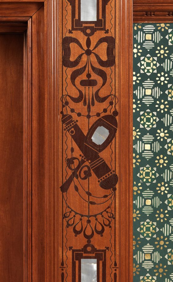 Detail of a door surround in the Worsham- Rockefeller Dressing Room, designed and executed by George A. Schastey & Co. (1873- 1897), New York City, 1881-82.