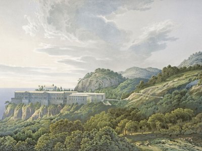 Perspective of the Palace Complex in its Landscape Setting, Viewed from Inland