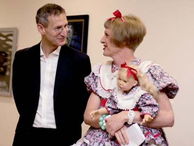 South London and Maudsley CEO Matthew Patrick with Grayson Perry at the Bethlem Museum of the Mind, London.