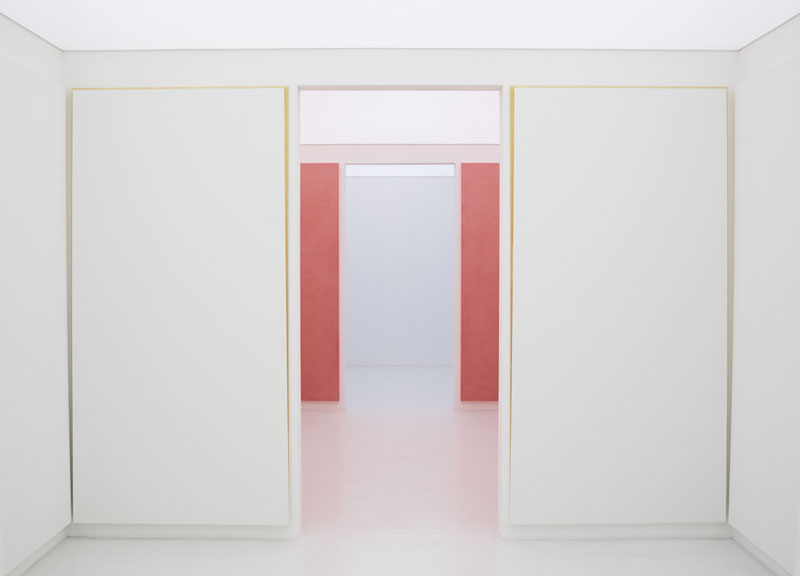 View of one of the three artificially lit immersive installations in Spalletti’s studio, which are lined with coloured canvases