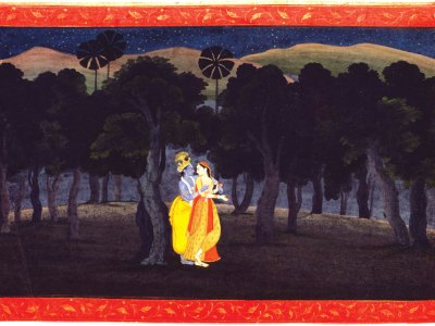 Abashed at her delight; of her deep joy afraid. Folio from a Gita Govinda series. Pahari, by a member of the fist generation after Nainsukh; (c. 1775–80)