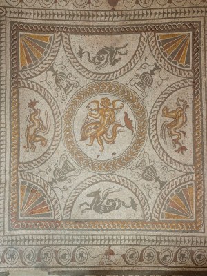Cupid on a Dolphin mosaic at Fishbourne Roman Palace.