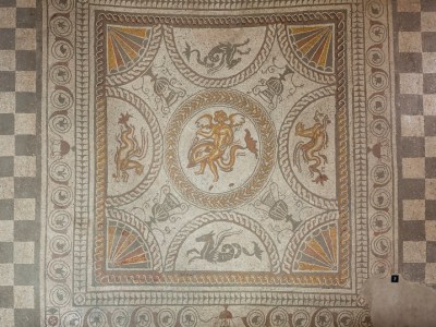 Cupid on a Dolphin mosaic at Fishbourne Roman Palace.