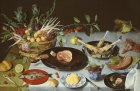 A Still Life of a laid Table, with Plates of Meat and Fish... (c. 1615), Jacob van Hulsdonck. Johnny Van Haeften at London Art Week