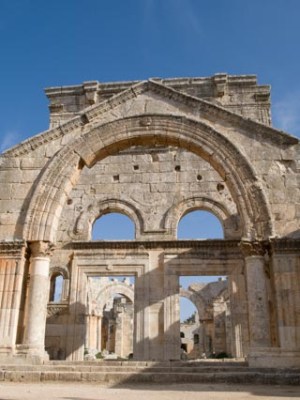 The Narthex and south entry door to the Church os St Simeon Stylites. Much of the structure on the right hand side of the great doorway has been severely damaged by the blast on 12 May 2016.