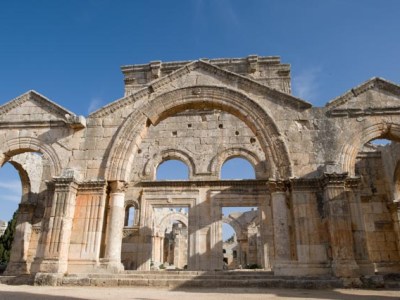 The Narthex and south entry door to the Church os St Simeon Stylites. Much of the structure on the right hand side of the great doorway has been severely damaged by the blast on 12 May 2016.