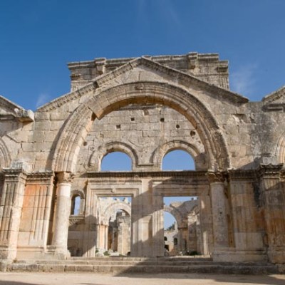 The Narthex and south entry door to the Church os St Simeon Stylites. Much of the structure on the right hand side of the great doorway has been severely damaged by the blast on 12 May 2016.
