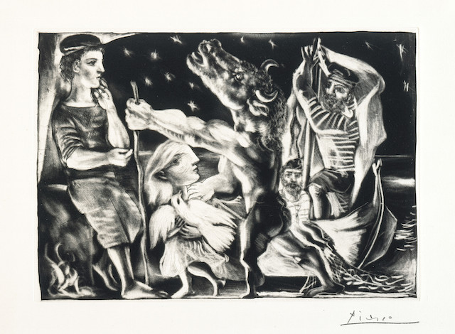 Blind Minotaur led through the Night by Girl with Fluttering Dove
