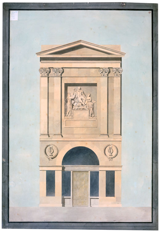 The façade of John Boydell’s Shakespeare Gallery on Pall Mall, built in 1788–89 and shown here in a Royal Academy lecture drawing by the Soane office of c. 1806–15.