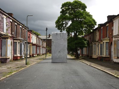 Momentary Monument – The Stone (2016), Lara Favaretto, installation view at Welsh Streets, Liverpool Biennial 2016.