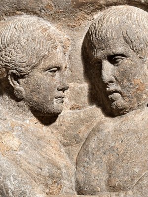 Sarcophagus and lid with portraits of husband and wife (detail; late 4th–early 3rd century BC), Etruscan; Volcanic tuff.