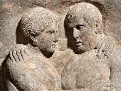 Sarcophagus and lid with portraits of husband and wife (detail; late 4th–early 3rd century BC), Etruscan; Volcanic tuff.