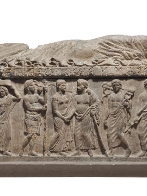 Relief depicting Ramtha Vishnai and Arnth Tetnies flanked by attendants; Ramtha Vishnai and Arnth Tetnies sarcophagus. Etruscan; Volcanic tuff.