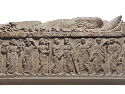 Relief depicting Ramtha Vishnai and Arnth Tetnies flanked by attendants; Ramtha Vishnai and Arnth Tetnies sarcophagus. Etruscan; Volcanic tuff.