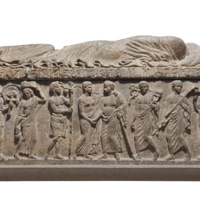 Relief depicting Ramtha Vishnai and Arnth Tetnies flanked by attendants; Ramtha Vishnai and Arnth Tetnies sarcophagus. Etruscan; Volcanic tuff.