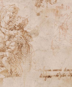 Studies of the Virgin and Child (detail; c. 1522–24), Michelangelo. Pen and brown ink, with copies in red chalk by Antonio Mini. British Museum