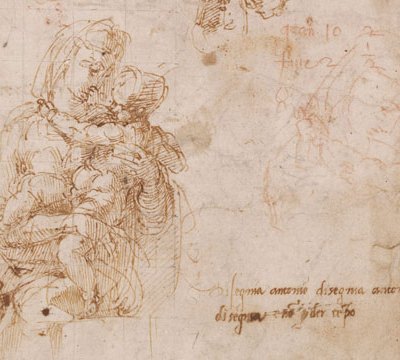 Studies of the Virgin and Child (detail; c. 1522–24), Michelangelo. Pen and brown ink, with copies in red chalk by Antonio Mini. British Museum