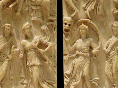Ivory diptych showing images of the muses together with ancient scholars or scientists (5th century), possibly Gaul. Musée du Louvre.