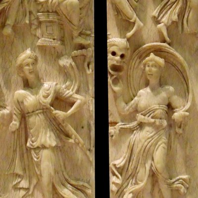 Ivory diptych showing images of the muses together with ancient scholars or scientists (5th century), possibly Gaul. Musée du Louvre.