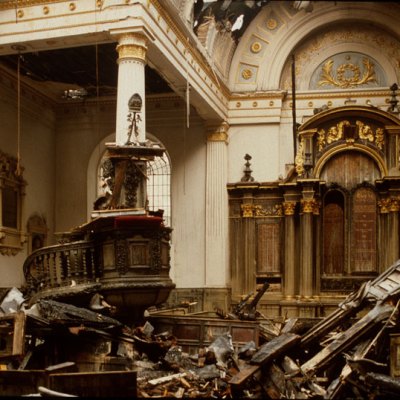 St Mary-at-Hill photographed on 12 May 1988, two days after a fire had destroyed most of the roof. Apollo magazine.
