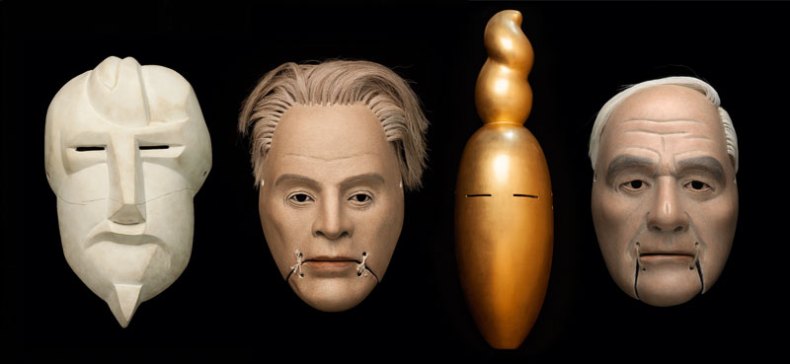 Simon Starling’s (b. 1967) masks of Ezra Pound (after Henri Gaudier-Brzeska), W.B. Yeats, Nancy Cunard (after Constantin Brancusi) and Henry Moore. Courtesy the artist and The Modern Institute/Toby Webster Ltd, Glasgow/Henry Moore; photo: Ruth Clark