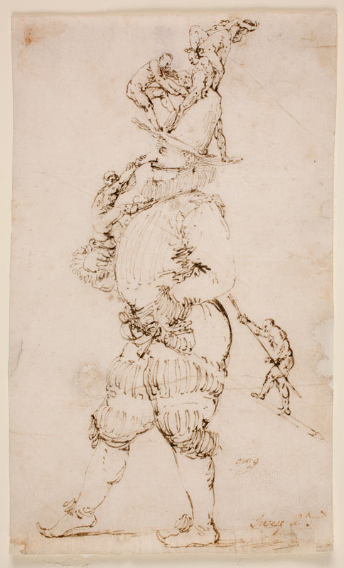 Escena fantástica: caballero con hombrecillos subiendo por su cuerpo (Gentleman with little men climbing over his body)
