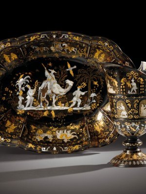 A tortoiseshell, mother-of-pearl and gold piqué rosewater ewer and basin (first half 18th century), Naples. Sotheby's: estimate €400,000–600,000