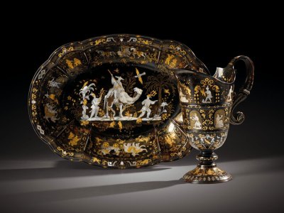 A tortoiseshell, mother-of-pearl and gold piqué rosewater ewer and basin (first half 18th century), Naples. Sotheby's: estimate €400,000–600,000
