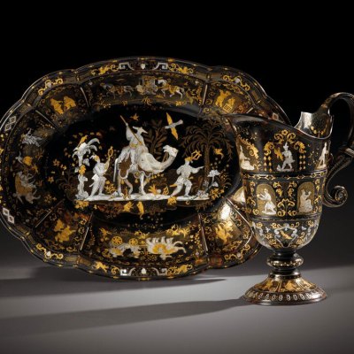 A tortoiseshell, mother-of-pearl and gold piqué rosewater ewer and basin (first half 18th century), Naples. Sotheby's: estimate €400,000–600,000