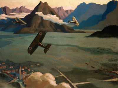 British Sopwith Camels Leaving Their Aerodrome on Patrol over the Asiago Plateau, (1918), Sydney Carline.