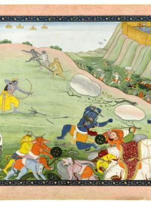 Rama kills the demon warrior Makaraksha in combat. From a manuscript of the Ramayana (c. 1790), India; Himachal Pradesh state, former kingdom of Guler. Photo © Asian Art Museum of San Francisco