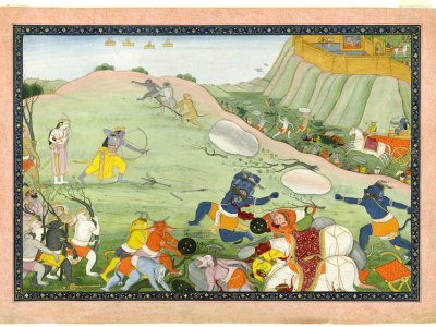 Rama kills the demon warrior Makaraksha in combat. From a manuscript of the Ramayana (c. 1790), India; Himachal Pradesh state, former kingdom of Guler. Photo © Asian Art Museum of San Francisco
