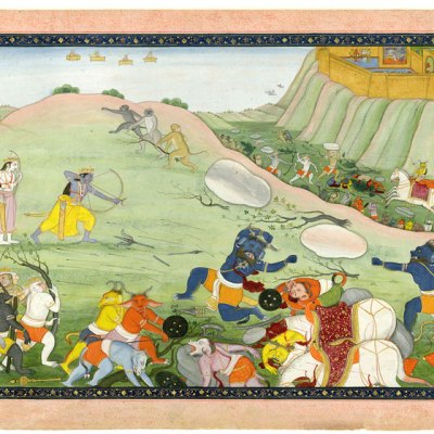 Rama kills the demon warrior Makaraksha in combat. From a manuscript of the Ramayana (c. 1790), India; Himachal Pradesh state, former kingdom of Guler. Photo © Asian Art Museum of San Francisco