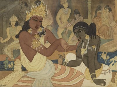 Carudatta Presenting a Pearl Necklace to Vasantesena, (c. 1952), Y. G. Srimati.