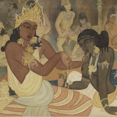 Carudatta Presenting a Pearl Necklace to Vasantesena, (c. 1952), Y. G. Srimati.