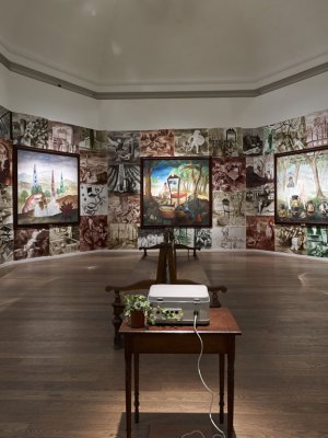 On Form and Fiction (1990), Steven Campbell. Installation view: 'GENERATION: 25 Years of Contemporary Art in Scotland', at the Scottish National Gallery, 2014. Photo: John McKenzie