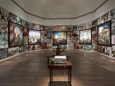 On Form and Fiction (1990), Steven Campbell. Installation view: 'GENERATION: 25 Years of Contemporary Art in Scotland', at the Scottish National Gallery, 2014. Photo: John McKenzie