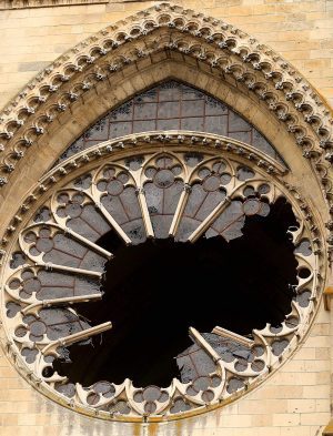 The west rose window of Saint-Gervais-et-Saint-Protais of Soissons on 13 January, 2017 after it was shattered by an overnight storm in northern France. François Nascimbeni/AFP/Getty Images