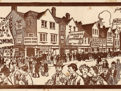 Postcard advertising the Garden City Pantomime, written by residents C.B. Purdom and Charles Lee, (c. 1910)