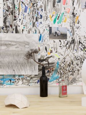 Materials and documents from the artist’s studio on display in Study #15. Untitled (The Ninth Resort), Charles Avery at DRAF, 2017. Courtesy the artist and DRAF. Photo: Tim Bowditch