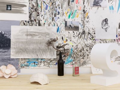 Materials and documents from the artist’s studio on display in Study #15. Untitled (The Ninth Resort), Charles Avery at DRAF, 2017. Courtesy the artist and DRAF. Photo: Tim Bowditch
