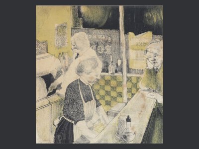 David Hockney's early lithograph, 'Fish and Chip Shop' (1954), goes on sale at Christie's in March.