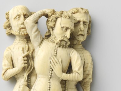 Three soldiers (from the Flagellation of Christ; 1360), Master of Agrafen, or a follower.