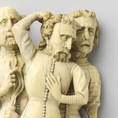 Three soldiers (from the Flagellation of Christ; 1360), Master of Agrafen, or a follower.