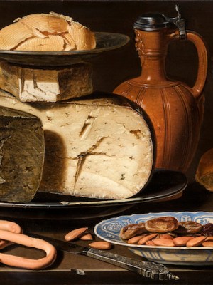 Still Life with Cheeses, Almonds, and Pretzels (c. 1615), Clara Peeters