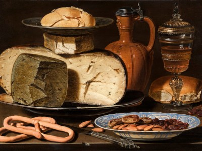 Still Life with Cheeses, Almonds, and Pretzels (c. 1615), Clara Peeters